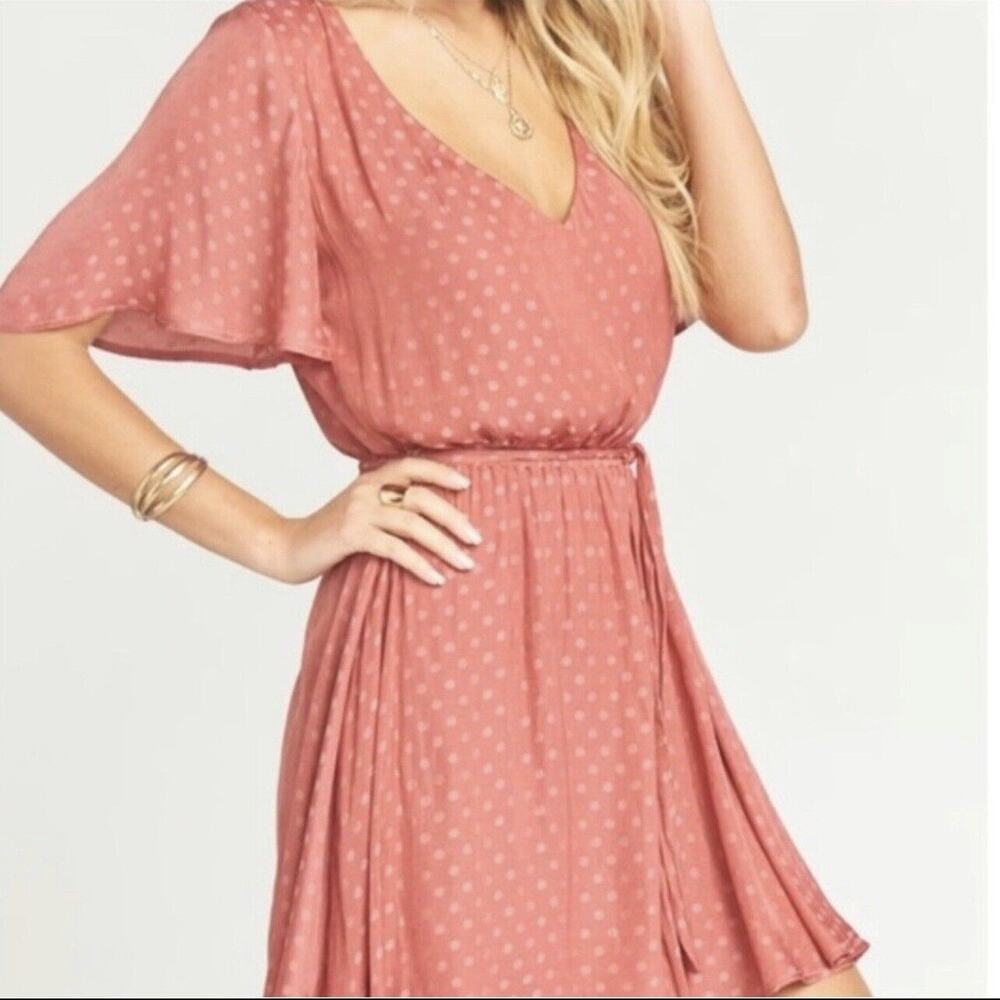 Show Me Your Mumu Anastasia Dress Large Pink Polka Dot Tie Waist Flounce Skater‎